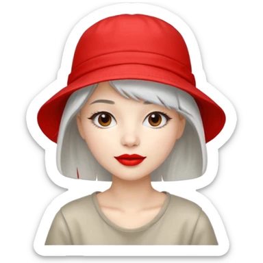 young fashionable woman, straight silver hair, wearing a bucket hat and bold lipstick, cheerful look sticker