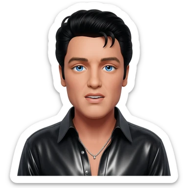 Elvis Presley with blue eyes, black hair, black metallic shirt, silver necklace sticker