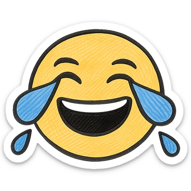 Create a cry-laughing emoji with large blue tears streaming from the eyes in hand drawn doodle style. The emoji should have no background and keep the original hand drawn doodle style look. sticker