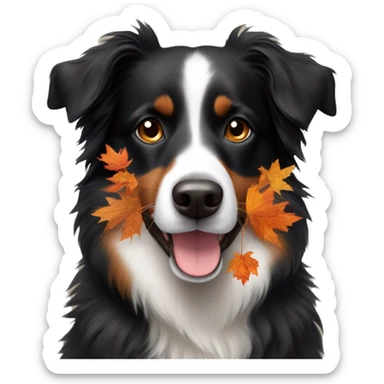 Small black australian shepherd dog wearing autumn leaves sticker
