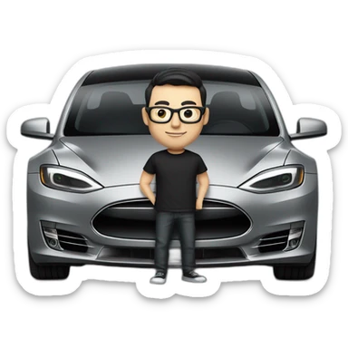 small-cartoonish-middle-age-lean-white-man,without beard or moustache,-with-black-hair-&-glasses-wearing-black-Tesla-T-shirt,-inside-black-tesla-model-3, full car front view sticker