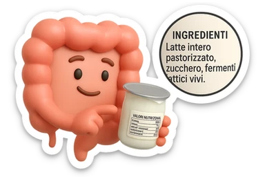 EMOJI STILE IPHONE 3D DI UN INTESTINO CHE HA IN MANO UN BARATTOLO DI YOGURT CONFEZIONATO DA SUPERMERCATO E LEGGE L'ETICHETTA NUTRIZIONALE CON GLI INGREDIENTI IN ITALIANO, ACCANTO ALLO YOGURT CHE HA IN MANO C'è UN FOCUS SULL'ETICHETTA CON GLI INGREDIENTI SCRITTI sticker
