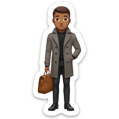 Handsome Black guy with brown skin tone, with lean muscular build, wearing black slacks, a gray sweater, long brown pea coat, and black shoes sticker