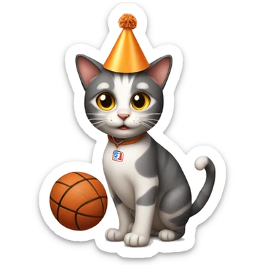 cat playing basketball wearing a birthday hat sticker
