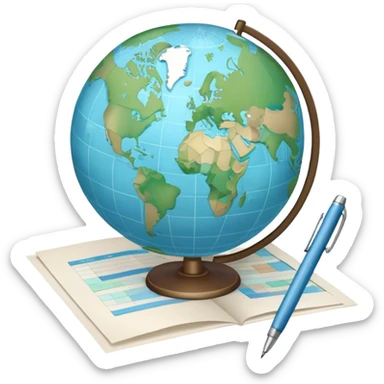 Create an emoji representing language translation. The design should feature just one globe in the background, symbolizing international communication. In front of the globe, place two books or sheets of paper with texs on them and a pen nearby to indicate the act of writing. Use a clean and professional color palette with blues, greens, and neutral tones. Make the background transparent. sticker