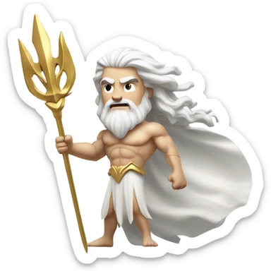 white man Poseidon with gold Trident. long white hair white dress. show biceps sticker