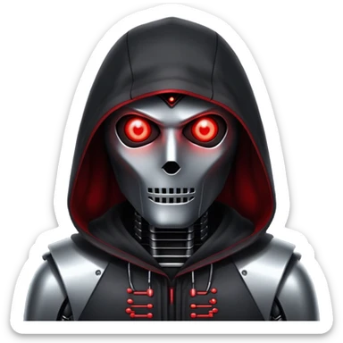 Evil robot hacker with glowing red eyes, dark hood, binary code, sinister expression sticker