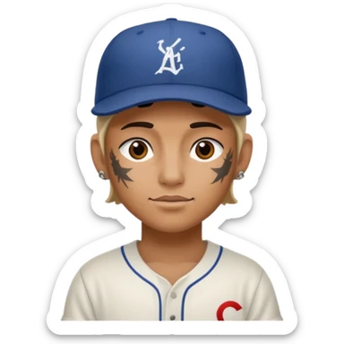 tattooed person wearing a baseball hat sticker