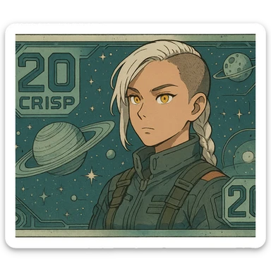 a banknote bill. full frame close up of a "20 crisp" banknote. futuristic, cyberpunk. stellar and planetary style designs adorn the bill. the face pictures is a woman in her 20's, gold yellow eyes, white hair in a single long braid, side of head shaved. she wears a military flight bdu. the final design shape is a 2:1 rectangle sticker