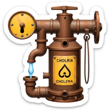 a Ghibli-style water pump with a warning sign about cholera sticker