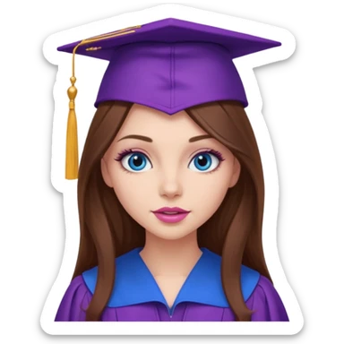 girl with gorgeous long brown hair, blue eyes, long lashes makeup, sexy pink lips, wearing a purple graduation cap and gown sticker