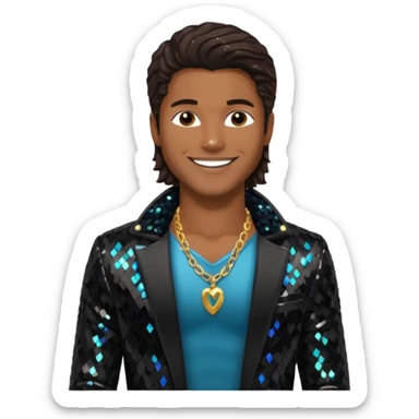 Eric Benét with long dark brown hair, black sequin jacket, shirtless with necklace sticker