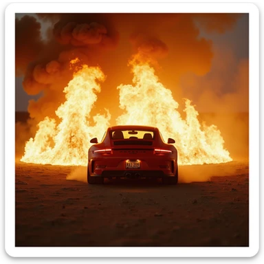 Cinematic shot, Porsche 911 gt3 rs in fire, desert sticker