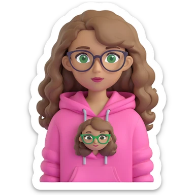 cartoon girl, dark blonde wavy hair, green eyes, pink hoodie, brown glasses sticker