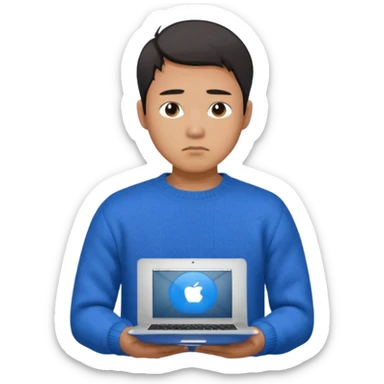 a asian handsome guy wearing a blue knit with white shirt, looking sad, holding a macbook, only upper body, high quality sticker
