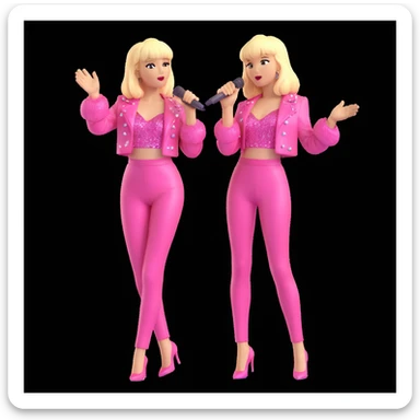 Pretty and thin tall Blonde pop star with bangs singing onstage, wearing a sparkly pink outfit   sticker