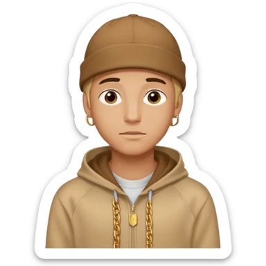 {
  "type": "human",
  "look": "male, tan hoodie, brown cap, gold jewelry, calm face, front view",
  "description": "a young man wearing a hoodie and cap, looking relaxed and confident"
} sticker