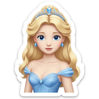 Cinematic Realistic Cute Cinderella Portrait, featuring fair, luminous skin with finely detailed texture and softly lit golden-blonde hair cascading in gentle waves. Her warm, inviting blue eyes sparkle with youthful charm and curiosity, while her classic, elegantly draped ball gown reveals meticulously rendered fabric details and natural folds. The overall composition is bathed in a gentle, realistic radiance that exudes both playfulness and heartfelt beauty. sticker