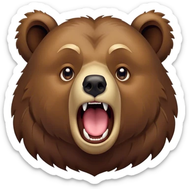 Cinematic Cute Yawning Grizzly Bear Portrait Emoji, Head tilted slightly with a dramatic, wide-open yawn, showcasing a thick, rugged deep brown fur with drooping ears, round eyes barely open in drowsy contentment, Simplified yet irresistibly adorable features, highly detailed, glowing with a soft, cozy glow, high shine, relaxed yet expressive, stylized with a touch of wild whimsy, bright and endearing, soft glowing outline, capturing the essence of a sleepy yet affectionate grizzly, so drowsy it feels like it could stretch out of the screen and curl up for a nap! sticker