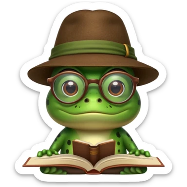 frog wearing hat with glasses and book sticker