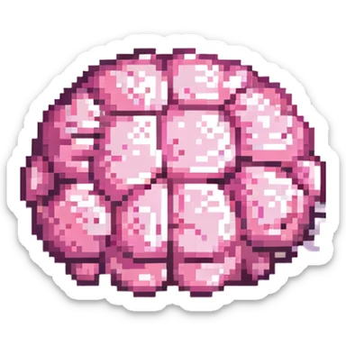16-bit pixel art of a pink brain-shaped blob, smooth rounded brain texture, simple retro gaming style sticker