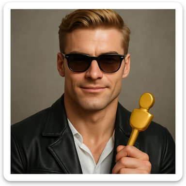 Transform the image into a giga chad style with a strong jawline and confident expression. Use only natural skin tones and realistic features, avoiding any gray colors or shades. Keep the look playful and cool without cartoonish exaggeration, aiming for a realistic appearance. sticker