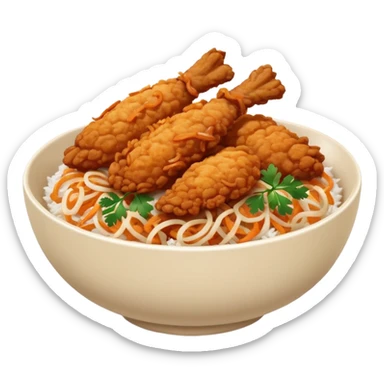 iOS-style minimal food emoji of a rice bowl with crispy fried chicken tenders, fried onions, sweet-and-sour sauce, and parsley garnish, smooth shapes, vibrant natural colors, clean vector-like rendering, transparent background. sticker