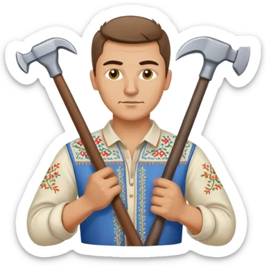 Ukrainian man wearing traditional embroidered vyshyvanka shirt holding construction tools like hammer and wrench sticker