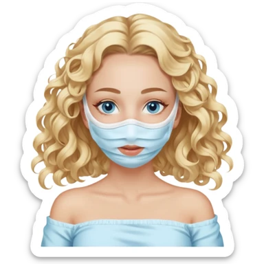 White girl- ocean blue eyes - beauty face mask massage -full care- blonde long curly hair  white off shoulder shirt sticker