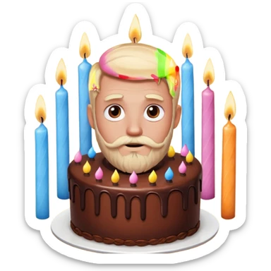 chocolate birthday cake with eyes and thin candles and blond beard sticker