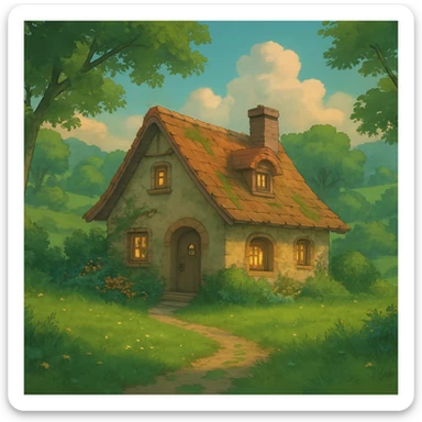 cozy cottage in a lush landscape with gentle lighting in ghibli style sticker
