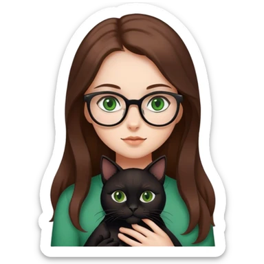 Girl with glasses and long brown hair and green eyes holding a black cat sticker