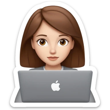 memoji of a brown hair white skin female with a grey laptop in front, apple-style, modern sticker