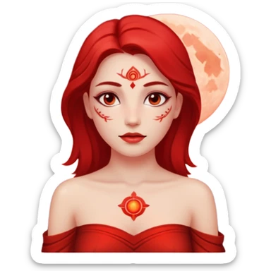 Woman standing under red moonlight, bare shoulders, ritual markings faintly glowingWoman standing under red moonlight, bare shoulders, ritual markings faintly glowing sticker