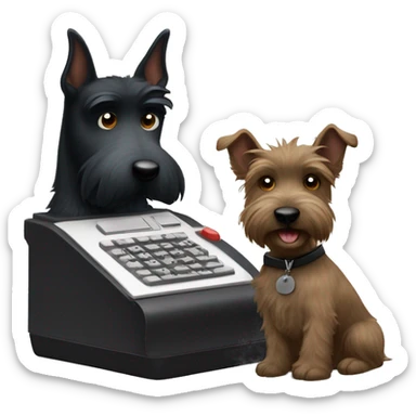Scottish terrier writing on a court reporter machine sticker