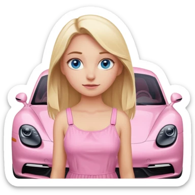 Blonde girl with blue eyes sitting infront of a pink porsche taycan sticker