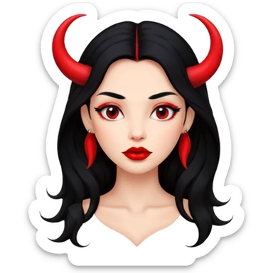 A girl's face with cheekbones, skin red, long black hair, small red horns, big lips sticker