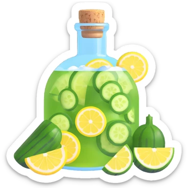 beautiful 3D cocktail in a round bottle with a very small neck and cork, liquid color #6fdef1, inside cucumber slices, lemon slices, and ice cubes, realistic, vibrant, visually appealing sticker