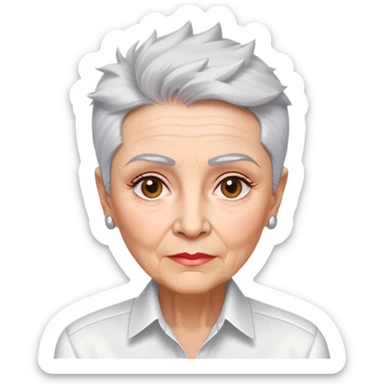 Elderly Marian Pabón with elegant facial features, light rosy complexion, expressive eyes with age lines, medium well-defined lips, sophisticated pronounced cheekbones, short spiky silver hair styled like a men's cut, dressed in a crisp white button-up shirt sticker