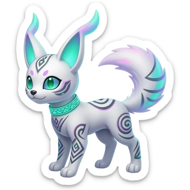 Rare neon iridescent white exotic cute epic aesthetic gothic colorful Salandit-Eevee-Civet-species-Fakemon-hybrid-creature, with a collar, and with intricate tribal markings, full body sticker