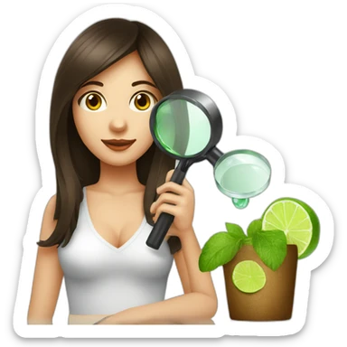 brunette girl with magnifying glass and mojito sticker