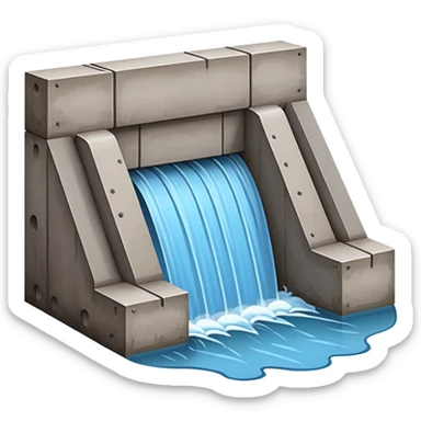 Emoji-style illustration of flood protection dam, flat vector look, bold outlines, minimal details, no background. sticker