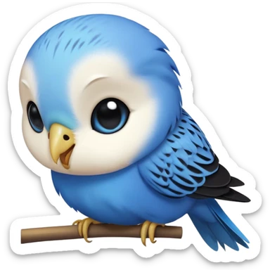 cinematic-cute-blue-budgie-portrait-emoji,-head-tilted-playfully-and-inquisitively,-featuring-a-brilliant-blue-feathered-fur-and white and black face-with-a-natural-sheen,-round,-sparkling-dark-eyes-filled-with-curiosity,-simplified-yet-irresistibly-adorable sticker