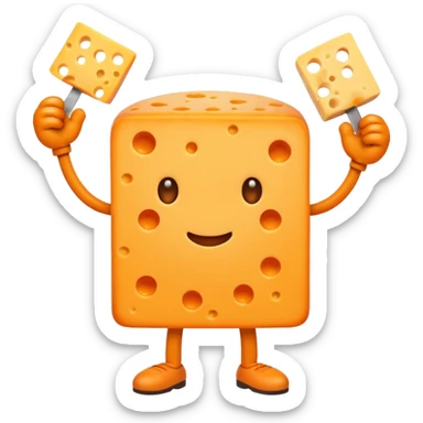 A cheese with arms and legs and a gritted face sticker