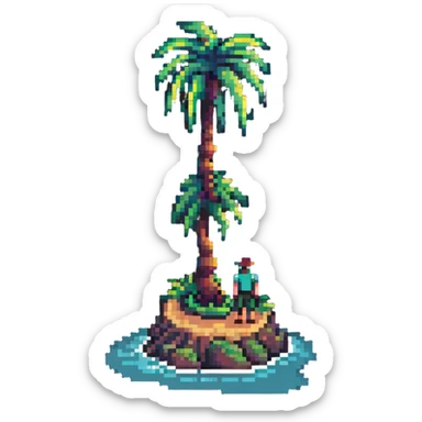 stranded man on a tiny island with a palm tree in pixel art style sticker