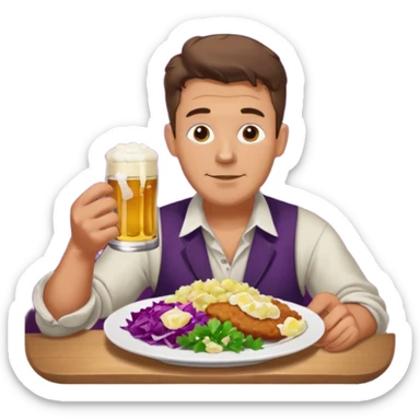 German man eating schnitzel, potato salad, red cabbage, sauerkraut, and beer sticker