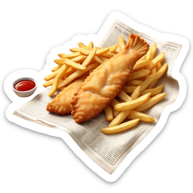 Fish and Chips Cinematic Realistic Fish and Chips Dish Emoji, depicted as a crispy battered fish fillet and golden chips served in traditional newspaper wrapping, rendered with lifelike textures and warm natural lighting that captures its iconic British street food charm  . sticker