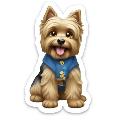 Perro de raza yorkshire con un chaleco azul que tenga una cara sonriente sticker