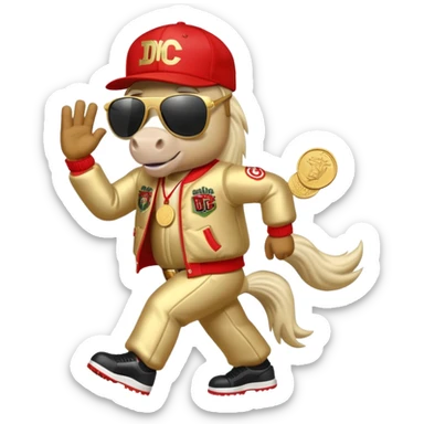 anthropomorphised horse dressed like a member of RUN DMC, hip-hop outfit, gold medal, baseball hat, sunglasses sticker