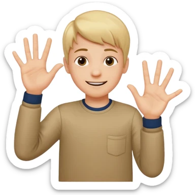 A boy who has his left hand say 6 and his right hand  7 and make the kid shrug and make him smile and white sticker